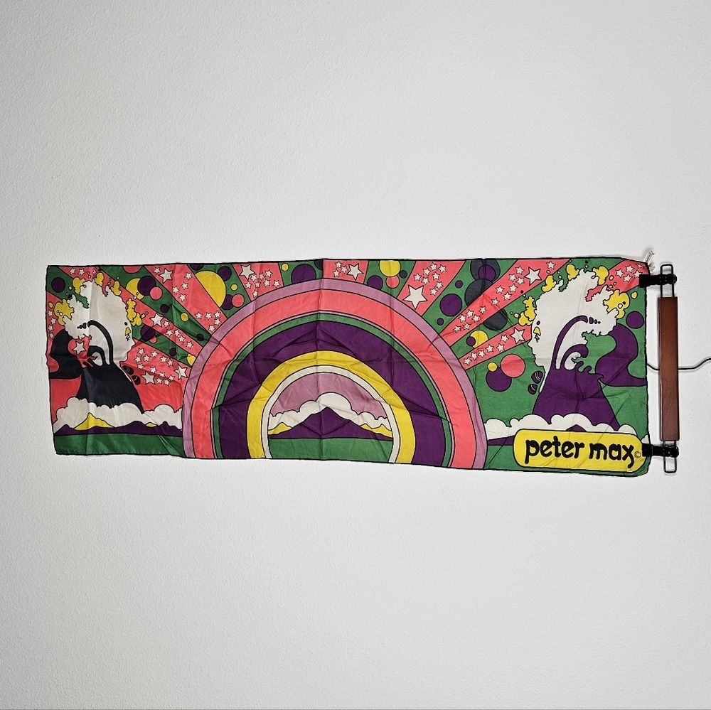 Peter Max Printed Silk Scarf Vintage Rare Print 41.5 X 14" Green Pink Purple